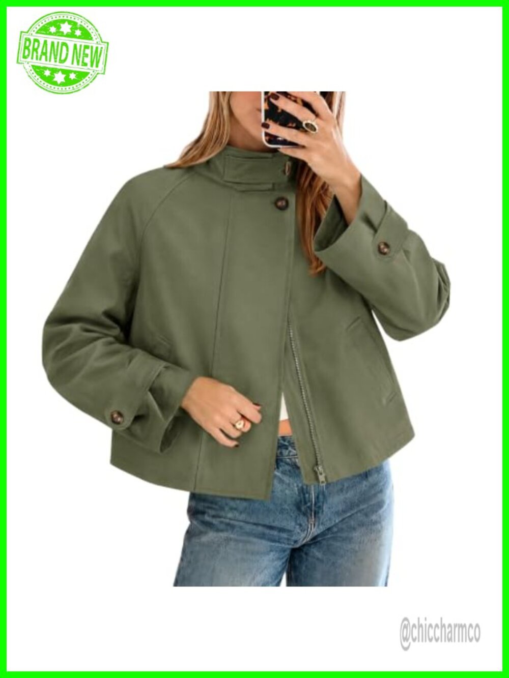 Cropped Trench Coat Funnel Neck Zip Jacket Women's Fall Winter